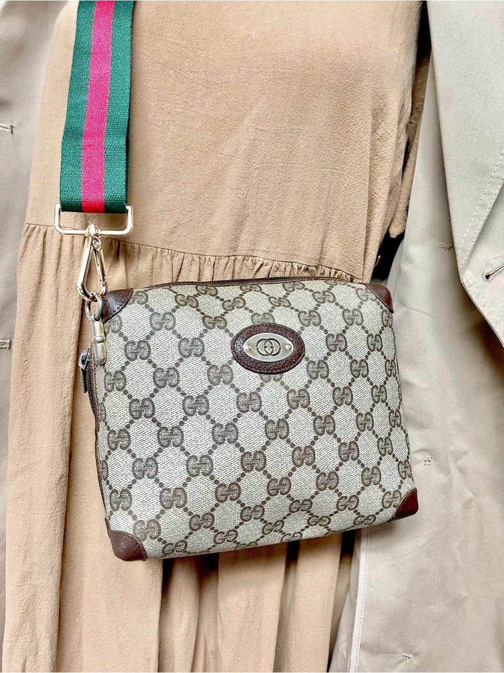 Gucci Beige Brown Monogram Crossbody with Green Pink Web Strap
